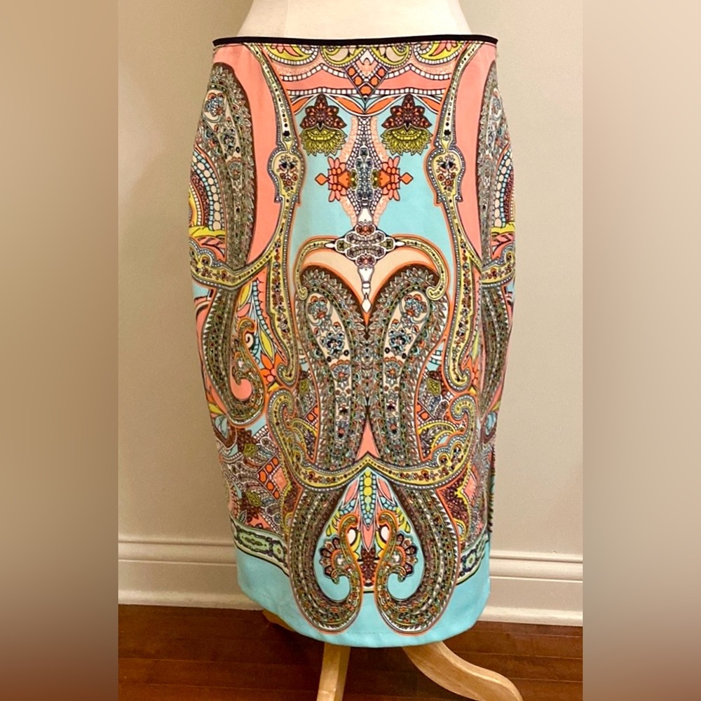 Bisou Bisou Teal Orange Paisley XL Festival Retro Chic Body-con Pencil Skirt
